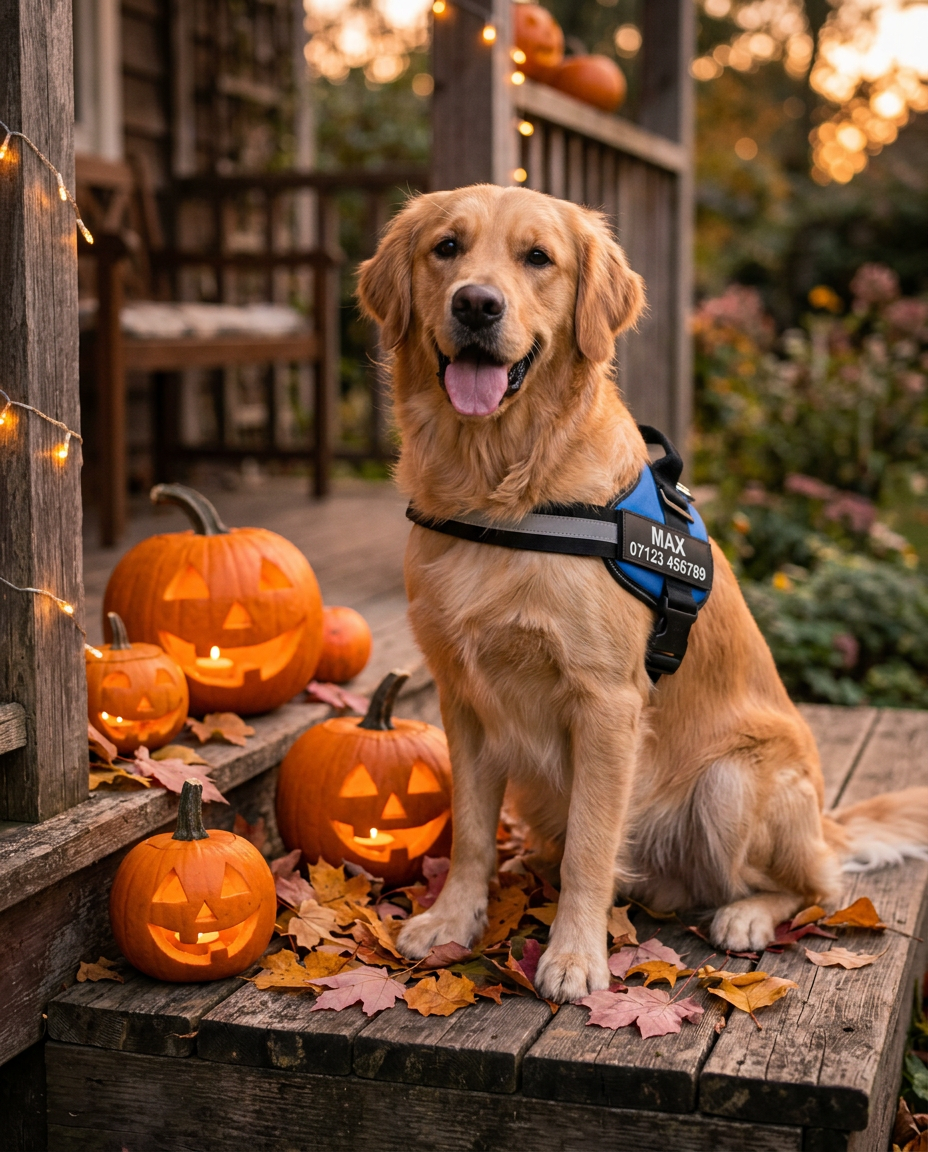 A happy dog in a personalised no-pull harness sitting on a porch step beside glowing jack-o'-lantern pumpkins and autumn leaves