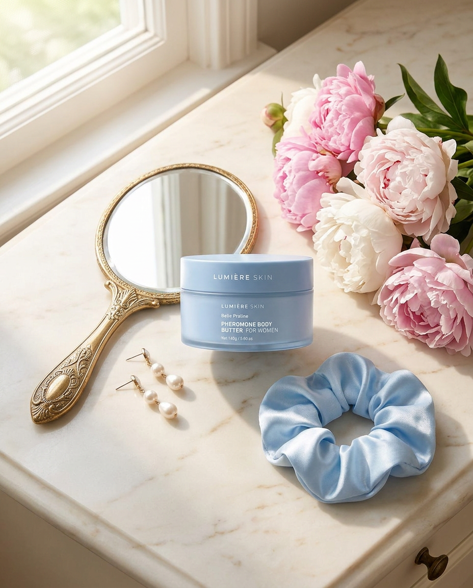 The body butter jar on a marble vanity with peonies and pearls