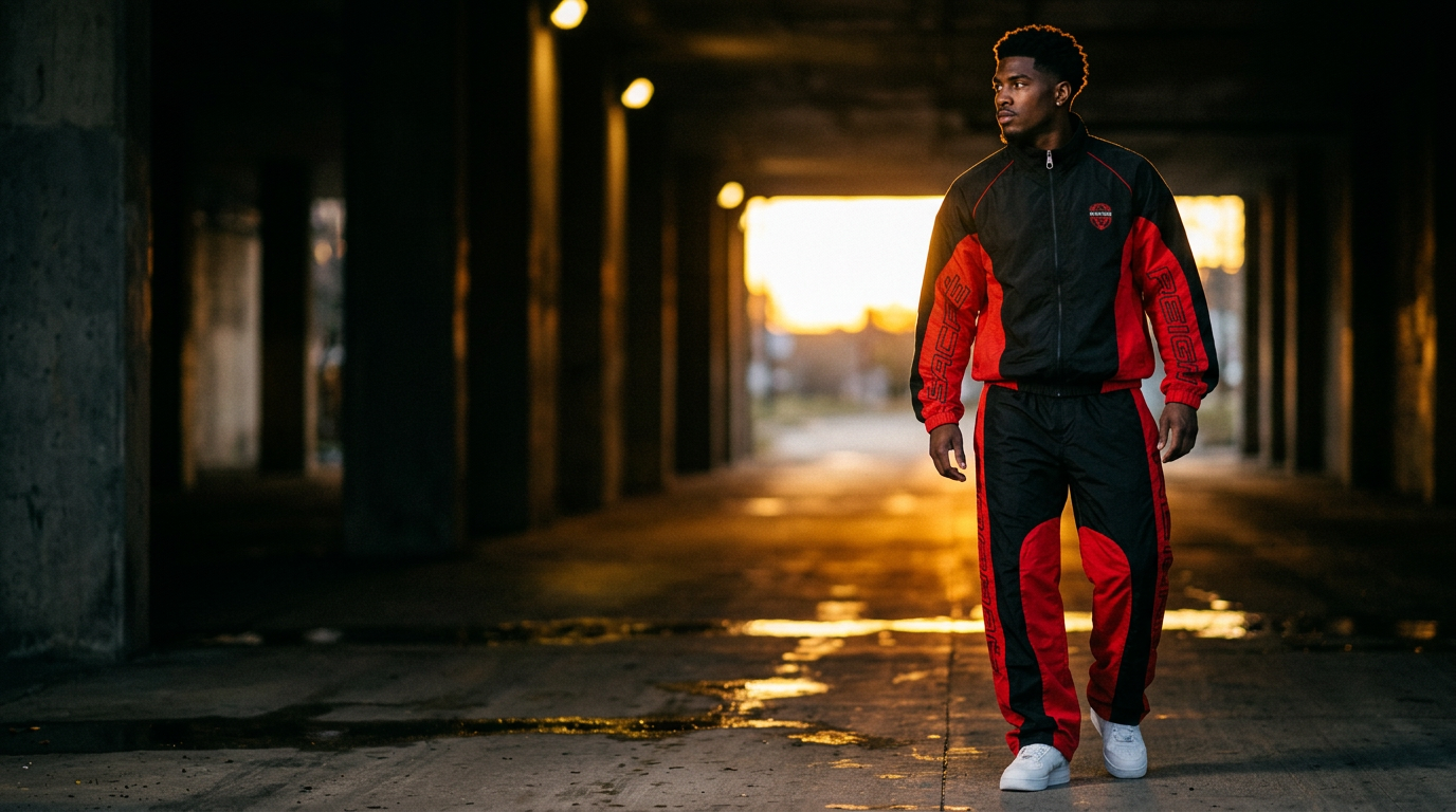 Man in a black and red color-block track set walking through an urban underpass at sunset